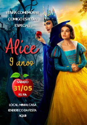 Convite de Aniversário Branca de Neve com Personagens para Editar