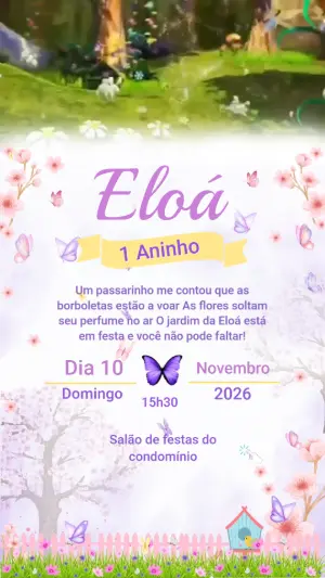 Convite Animado Aniversário Jardim das Borboletas Editável