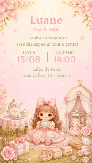 Convite Aniversário Chá de Boneca Editável para Menina