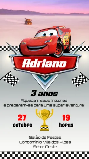 Convite Animado Aniversário Carros Disney para Editar Online