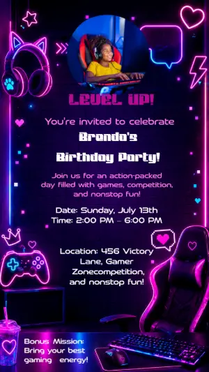 Gamer Girl Neon Birthday Invitation Editable Template