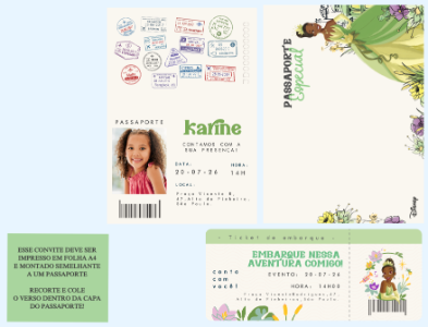 Convite de Aniversário Princesa Tiana Passaporte Editável