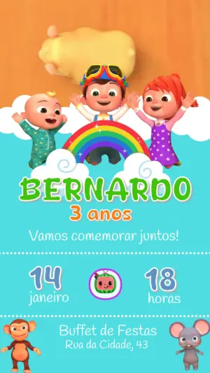Convite Animado Aniversário Cocomelon para Editar Online