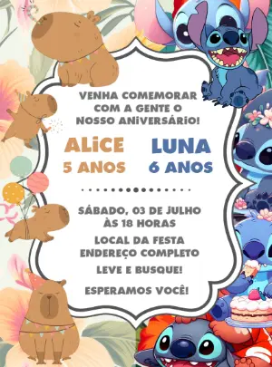 Convite Aniversário Duplo Capivara e Stitch para Editar Online