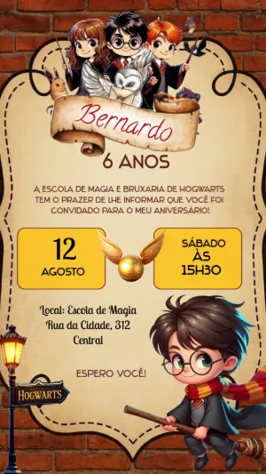 Convite Digital Editável Tema Harry Potter e Magia Infantil