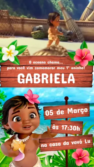 Convite Animado Aniversário Moana Baby Tropical para Editar