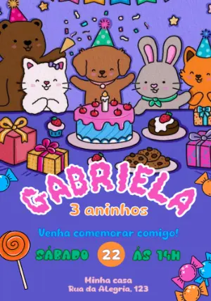 Convite de Aniversário com Animais Fofos para Editar Online