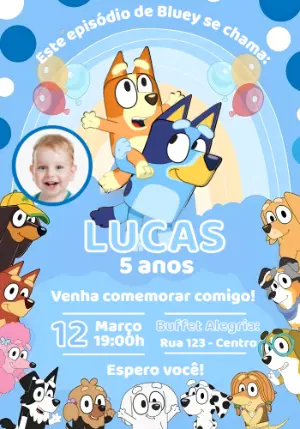 Convite de Aniversário Bluey e Bingo Editável com Foto