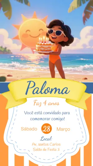 Convite de Aniversário Infantil na Praia 3D para Editar