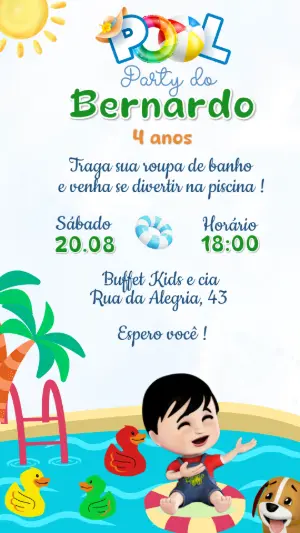 Convite de Aniversário Bento e Totó Pool Party Infantil Editável