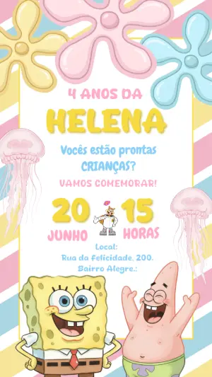 Convite de Aniversário Bob Esponja Rosa e Amigos | Modelo Editável