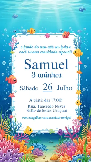 Convite Aniversário Fundo do Mar com Peixinhos para Editar