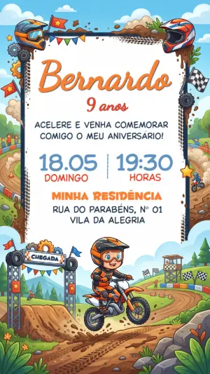 Convite de Aniversário Motocross Infantil para Editar