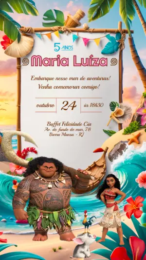Convite de Aniversário Moana Tropical para Editar e Enviar