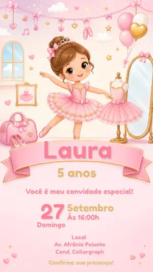 Convite Digital Aniversário Bailarina Rosa para Editar