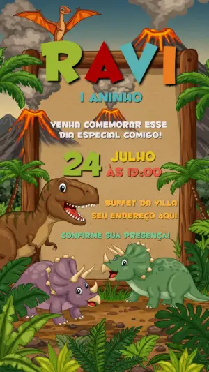 Convite de Aniversário Dinossauro para Editar Online