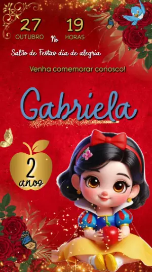 Convite Animado Branca de Neve Cute para Aniversário Infantil