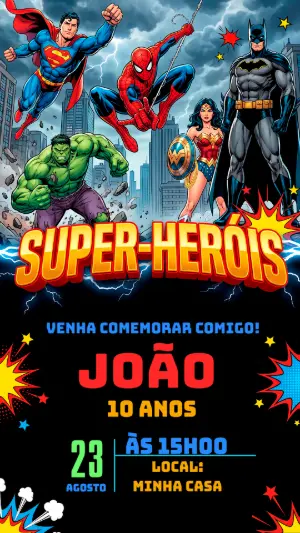 Convite de Aniversário Super-Heróis Estilo Quadrinhos Editável