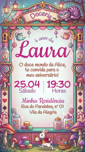 Convite Aniversário Infantil Alice Doceria Modelo Editável