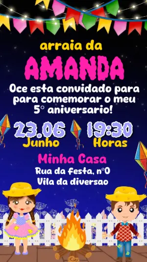 Convite de Aniversário Festa Junina Infantil Colorido para Editar