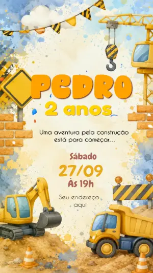 Convite Animado Aniversário Construção Tratores Editável