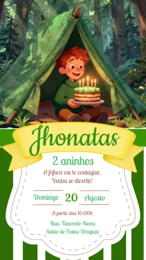 Convite de Aniversário Infantil Acampamento na Floresta Editável
