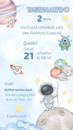 Convite Animado Aniversário Astronauta para Editar Online