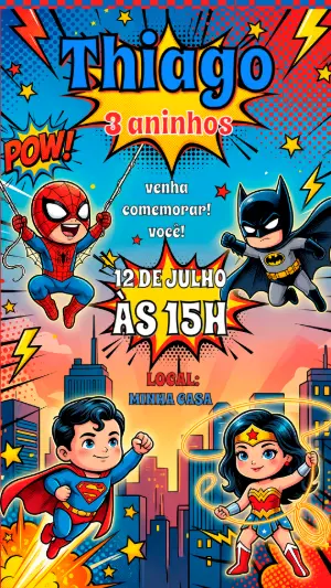Convite de Aniversário Super Heróis Infantil para Editar