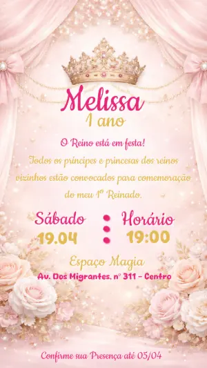 Convite de Aniversário Princesa Rosa Delicado para Editar