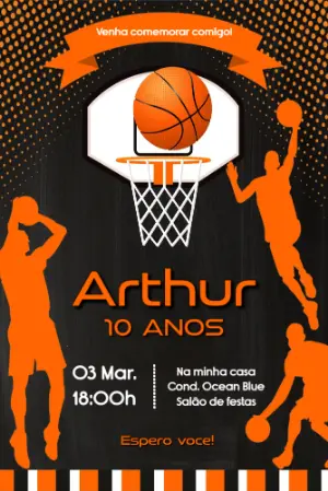 Convite de Aniversário Basquete Laranja e Preto para Editar