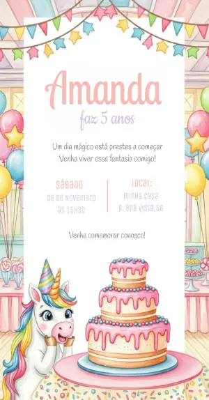 Convite Aniversário Unicórnio Mágico para Editar Online