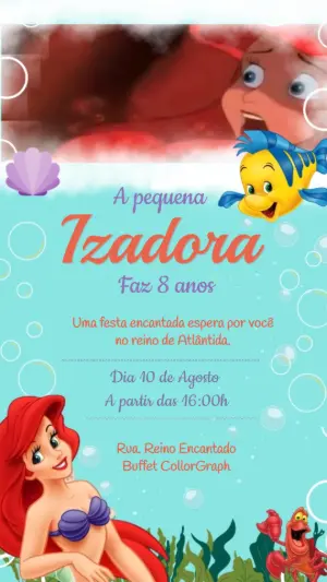 Convite Animado A Pequena Sereia para Aniversário Editável