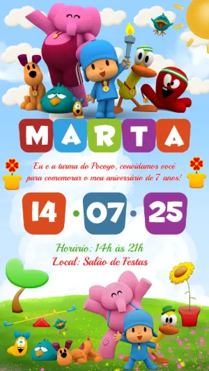 Convite de Aniversário Pocoyo e sua Turma para Editar Online