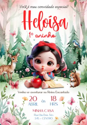 Convite Aniversário Branca de Neve Bebê Bosque Editável