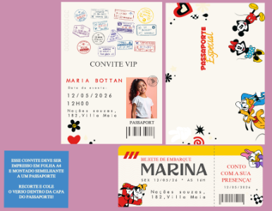Convite de Aniversário Turma do Mickey Estilo Passaporte Editável