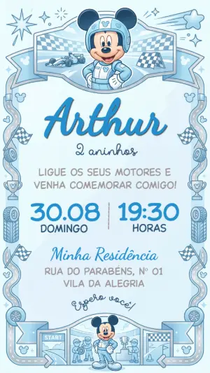 Convite de Aniversário Mickey Corrida Azul para Editar