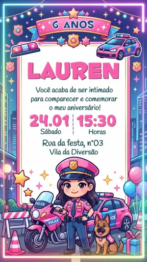 Convite de Aniversário Policial Menina Fofo para Editar