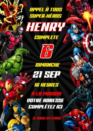 Invitation Anniversaire Super-Héros à Modifier en Ligne