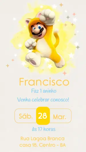 Convite de Aniversário Super Mario Gato Editável