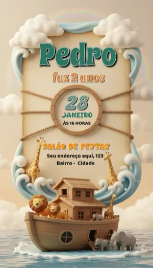 Convite de Aniversário Arca de Noé 3D Fofo para Editar