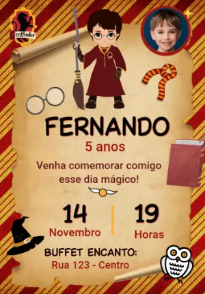 Convite Aniversário Harry Potter com Foto para Editar Online