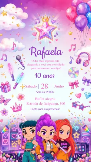 Convite de Aniversário Guerreiras do K-Pop para Editar