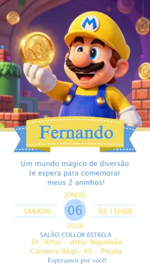 Convite de Aniversário Super Mario Construtor para Editar