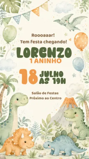 Convite de Aniversário Dinossauros Fofos Editável