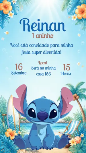 Convite de Aniversário Stitch Tropical para Editar Online