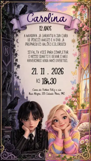 Convite Wandinha e Enid Aniversário Infantil para Editar