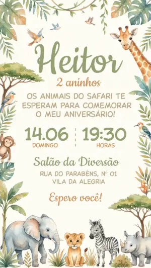 Convite de Aniversário Safari Aquarela Infantil Editável