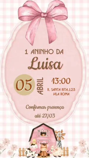 Convite Fazendinha Rosa Aniversário Infantil Editável