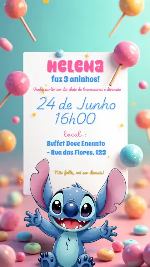 Invitación de cumpleaños Stitch – Estático – Convites Digitais Exclusivos