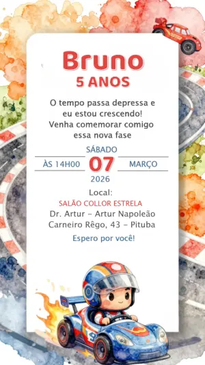 Convite de Aniversário Infantil Corrida de Carros Editável